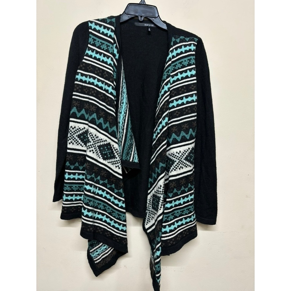 Mac & Jac Open Front Cardigan Small Black Teal Geometric‎ Knit Sweater Aztec